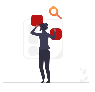 Flache Illustration einer Person, die von hinten gesehen wird und rote Kacheln auf einem Dashboard mit grauen Platzhaltern anordnet. Eine orangefarbene Lupe schwebt über der Benutzeroberfläche.