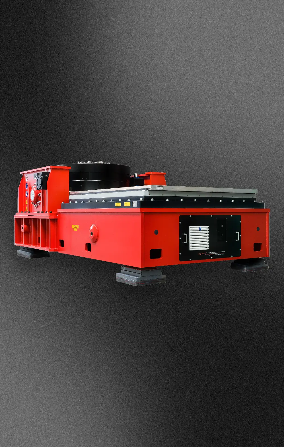 Roter RMS-Gleittisch mit integriertem Antriebssystem vor dunklem Hintergrund