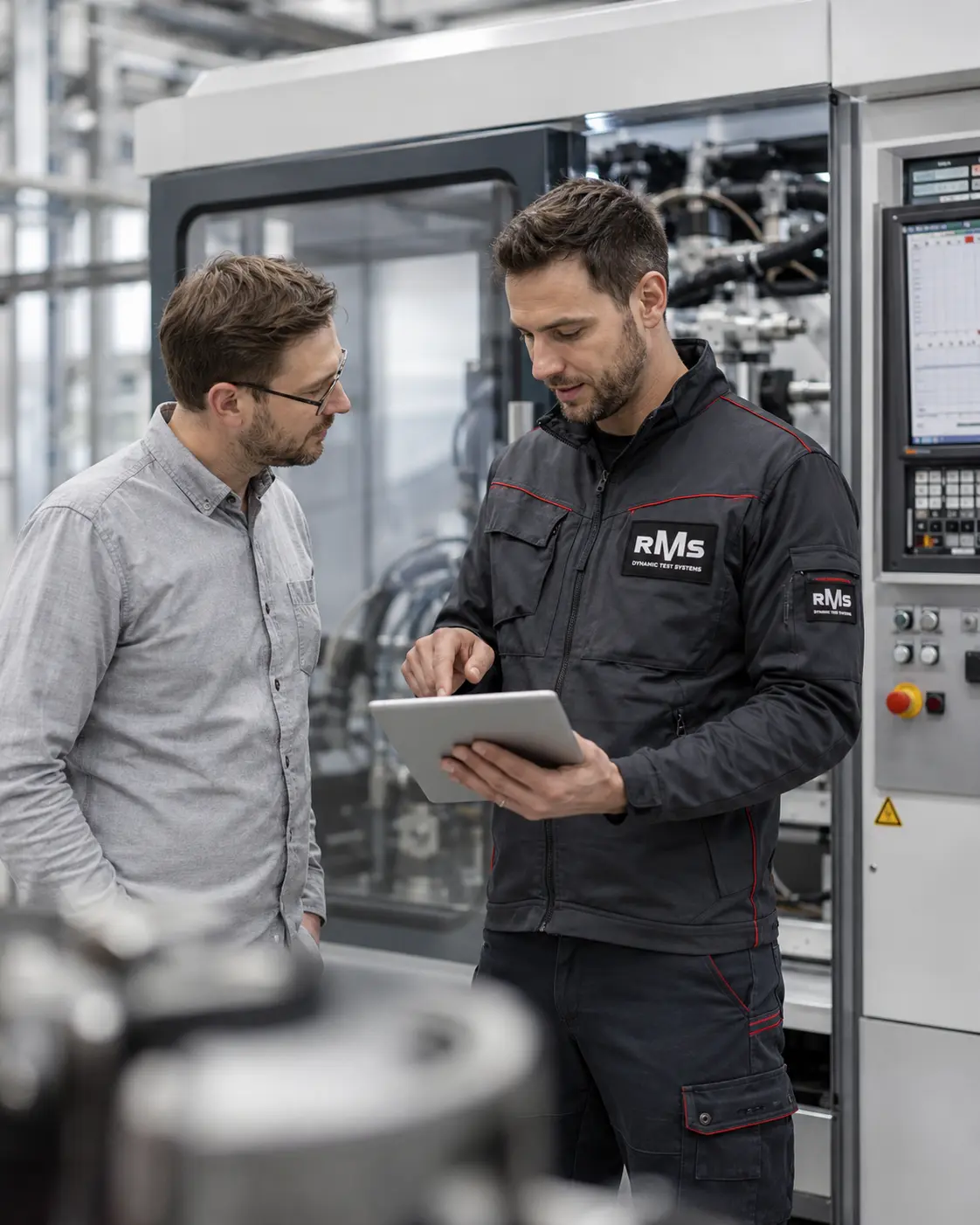 Zwei Mitarbeiter in einer industriellen Produktionsumgebung besprechen Daten an einem Tablet vor einer technischen Anlage