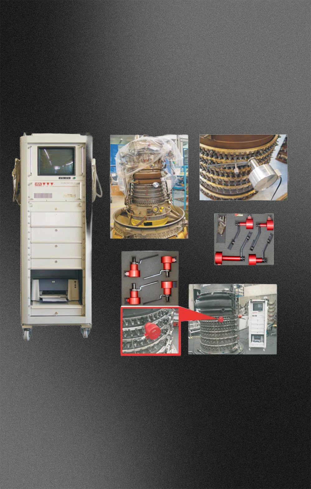 Collage aus RMS-Steuerschrank und mehreren Detailaufnahmen technischer Mess- und Prüfkomponenten vor dunklem Hintergrund