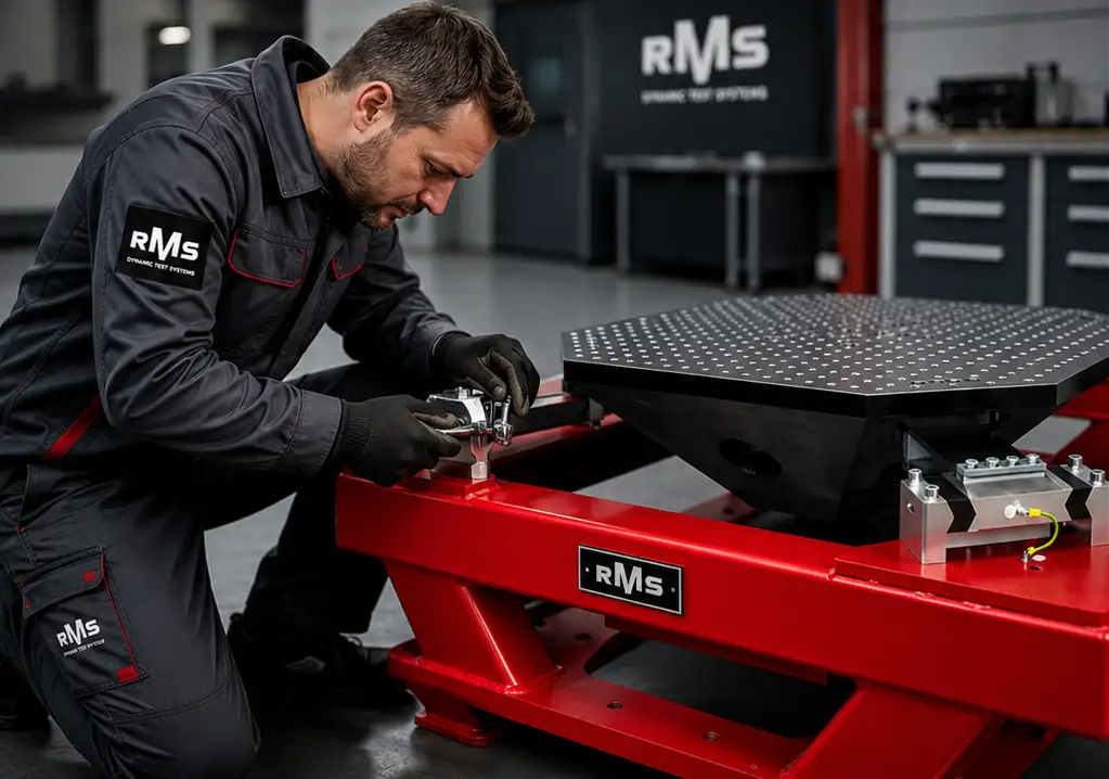 RMS Servicetechniker bei der präzisen Justierung eines roten Prüfsystems in einer modernen Werkstattumgebung.